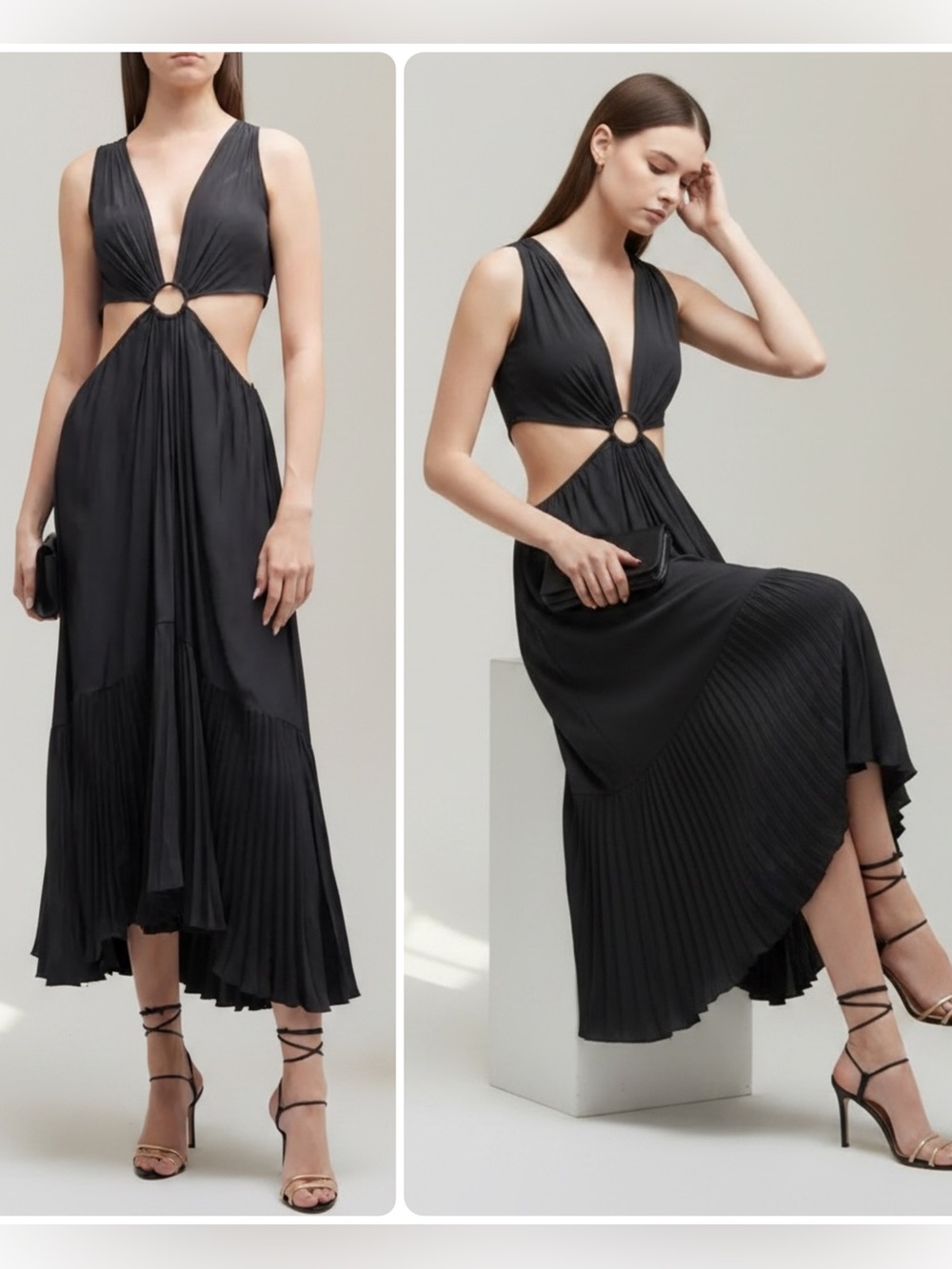 Ramy Brook Haytie Black Ring-Front Cutout Pleated Asymmetric Midi Dress NWT $495